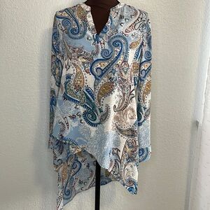 Chico’s Blue Paisley Asymmetrical Hi Low Lightweight Flowing Blouse L 0